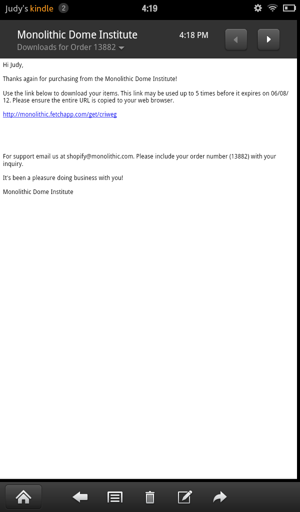 Step 4 – Open your email: Your email should be installed on your Kindle. (If not, see notes below.) Find the email that has the link to download the book. You should then see something like the image below. Click the link, and it will take you to the download page.