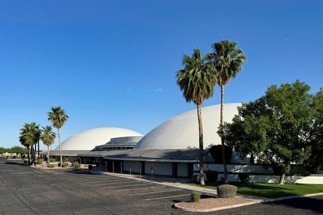 The iconic Monolithic Dome edifice of the Living Word Bible Baptist Church in Mesa, Arizona.